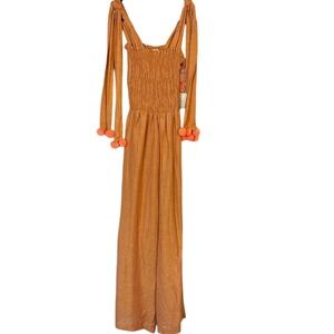 NWT Sundress Pippa Jumpsuit Women's Medium Orange Glitter‎ Pom Pom Tie Shoulder